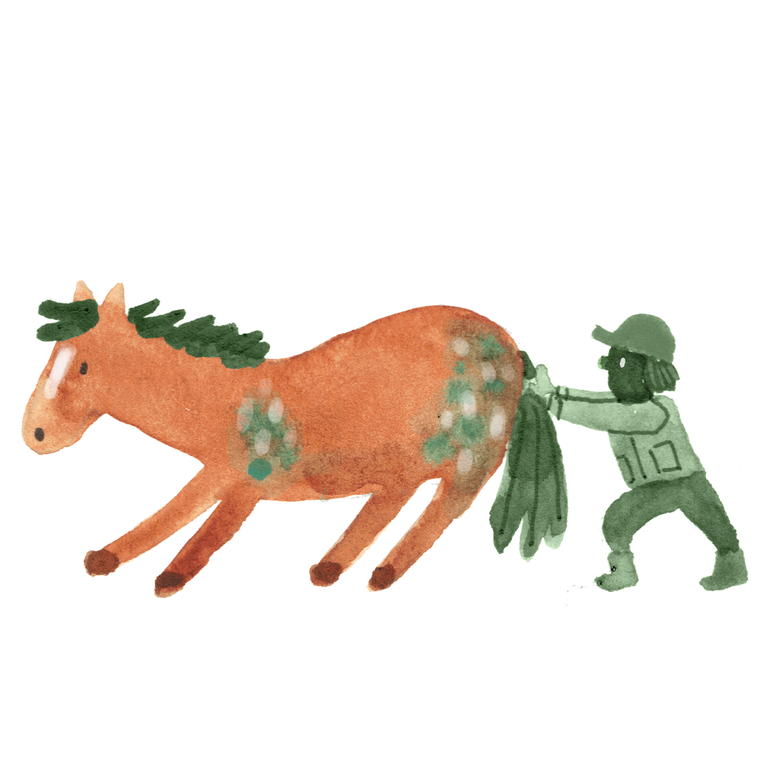 Tekening van een persoon die een paard mee trekt