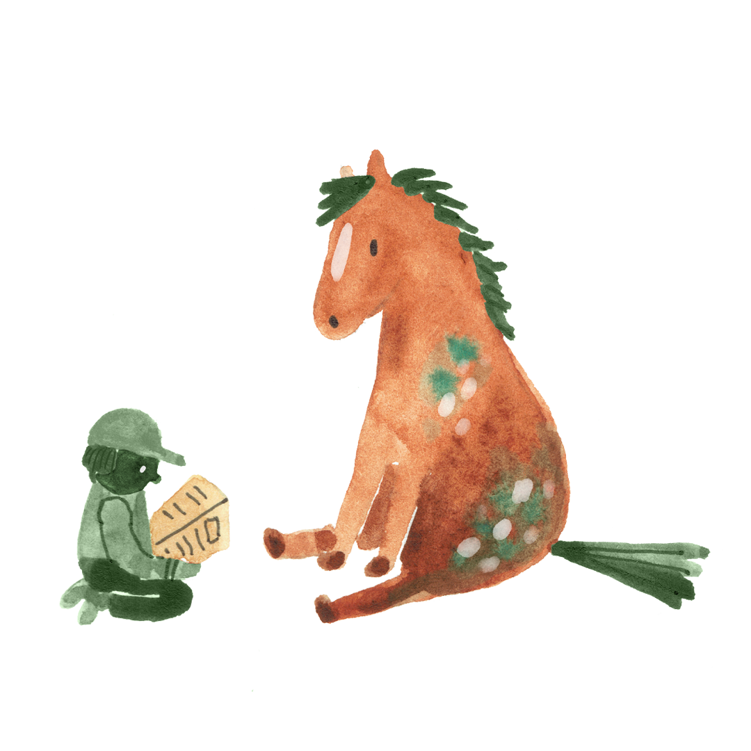 Persoon zit samen met een paard in het gras